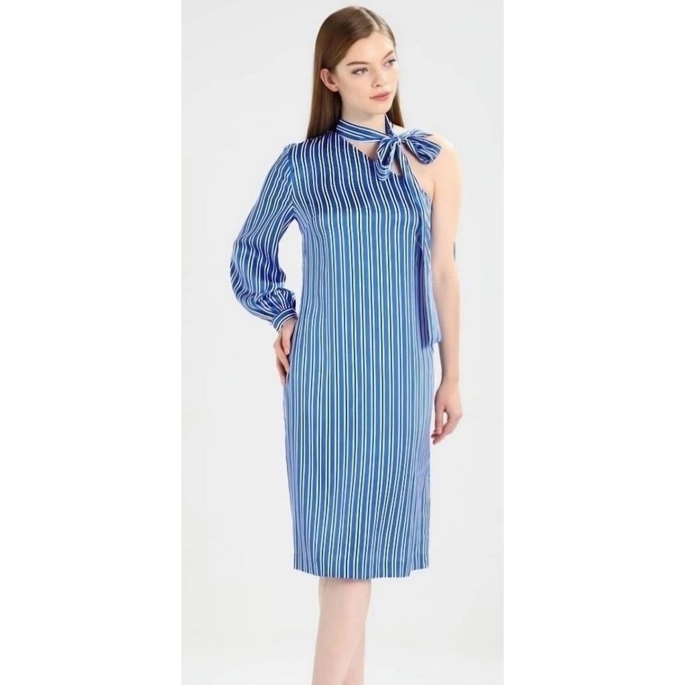 NWT Banana Republic One Shoulder Neck Bow Blue Striped Dress